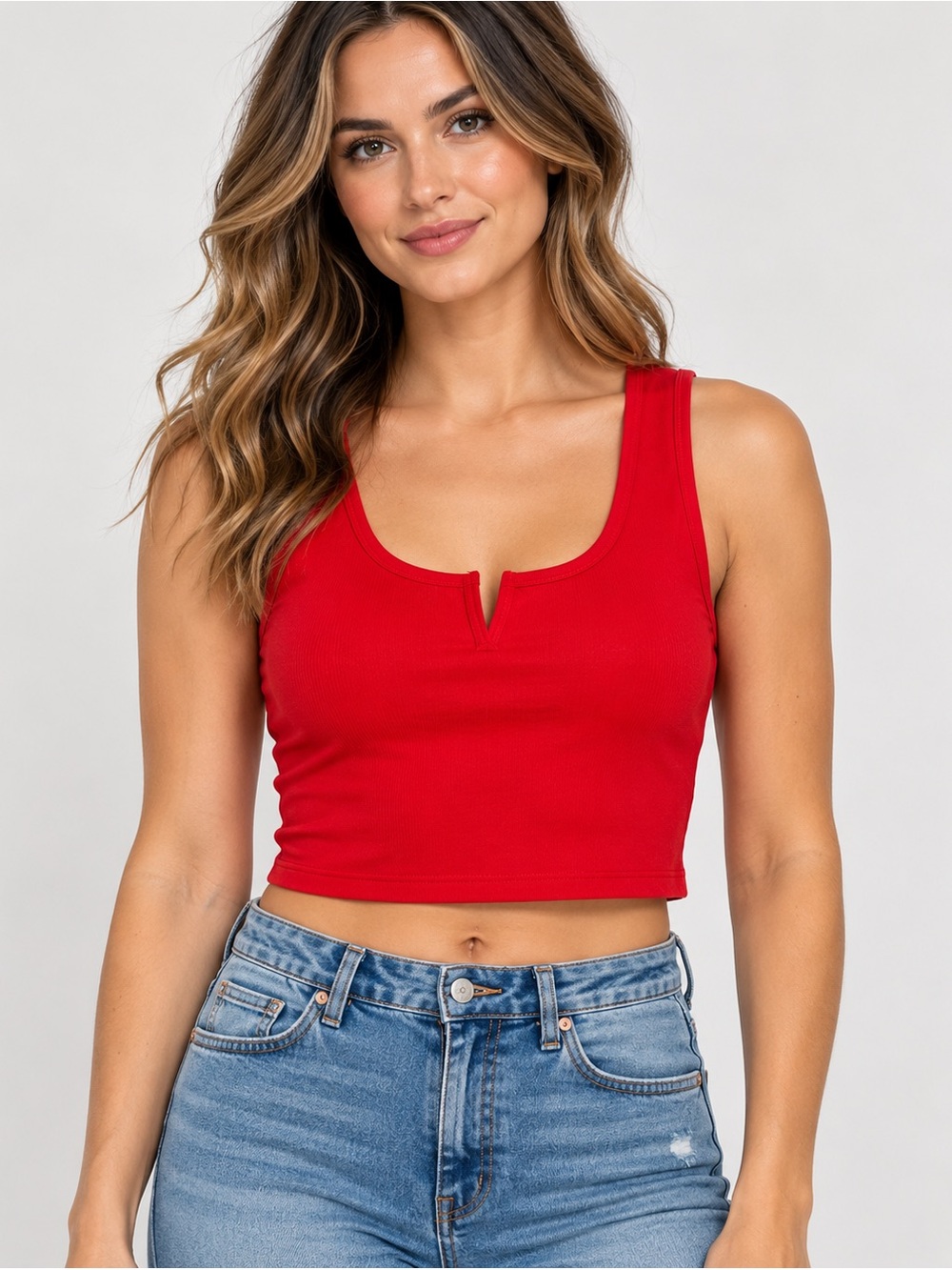 No Boundaries Women’s Juniors XXL Red Solid Knit Notch Scoop Neck Cropped Tank